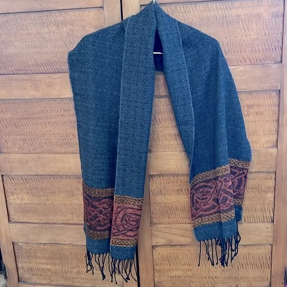 🐑 🇮🇪Unisex Charcoal/Red/Orange Woven Scarf Wool Blend Fringed Scarf 15”W x 63”L - Picture 6 of 17